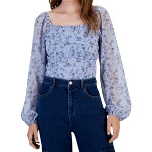 NWT Celebrity Pink Ruched Blouson Sleeve Bodysuit Ice Blue Floral Square Neck XS